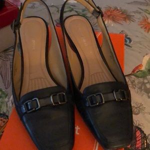 Navy blue leather sling back